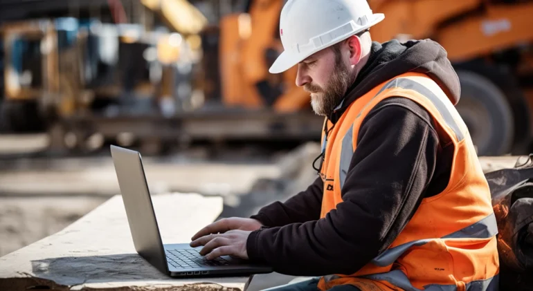 Mężczyzna w kasku i kamizelce odblaskowej pracujący na laptopie na placu budowy – symbolizuje analizę błędów inwestycyjnych