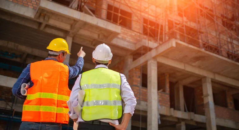 Dwóch inżynierów w kaskach ochronnych i kamizelkach odblaskowych analizuje stan techniczny budynku podczas odbioru inwestycji