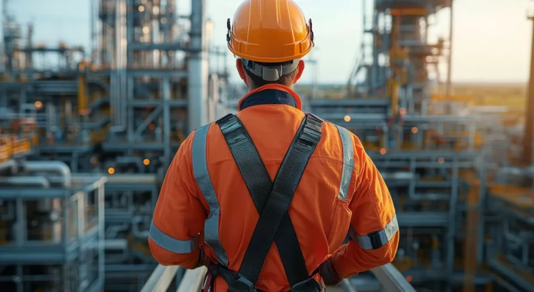 Inwestor lub inspektor nadzorujący teren przemysłowy w specjalistycznym stroju ochronnym i uprzęży zabezpieczającej