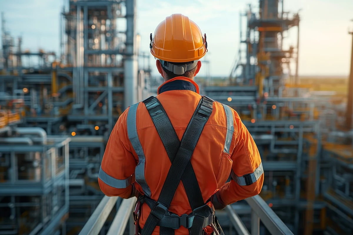 Inwestor lub inspektor nadzorujący teren przemysłowy w specjalistycznym stroju ochronnym i uprzęży zabezpieczającej